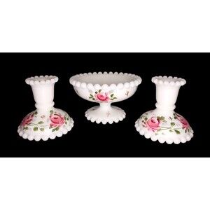 Consolidated Milk Glass Candle Stick Holders & Candy Dish Set Hand Painted Roses